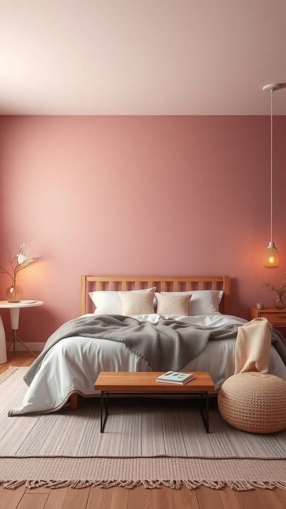 A cozy boho bedroom featuring soft pink walls, a wooden bed frame, layered bedding, and a warm atmosphere.