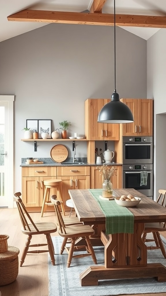 A kitchen featuring soft gray walls and warm wooden cabinets, with a large wooden table and chairs, creating a cozy atmosphere.