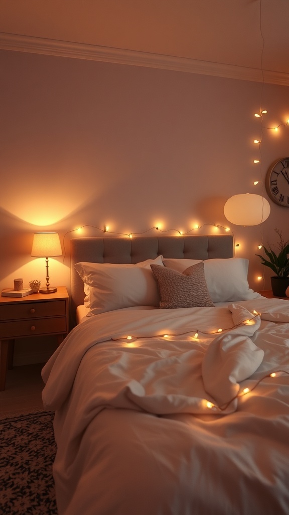 A cozy bedroom with soft lighting, featuring a lamp and fairy lights.