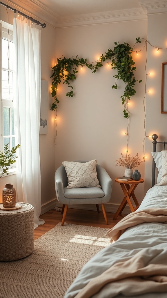 Cozy reading nook with soft lighting and fairy lights