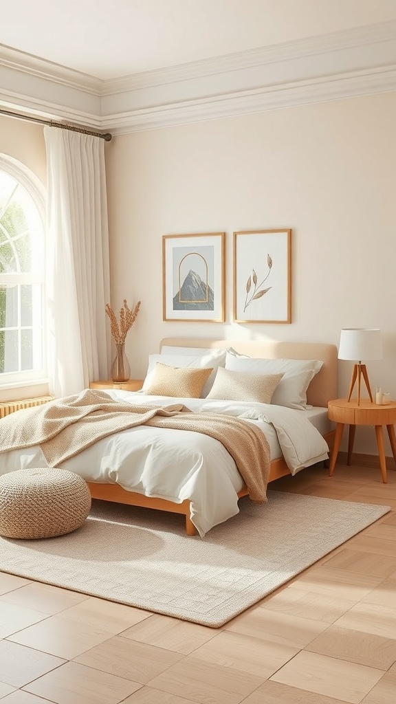 A serene bedroom with soft neutral colors, featuring a cozy bed, warm throw, and natural wood elements.