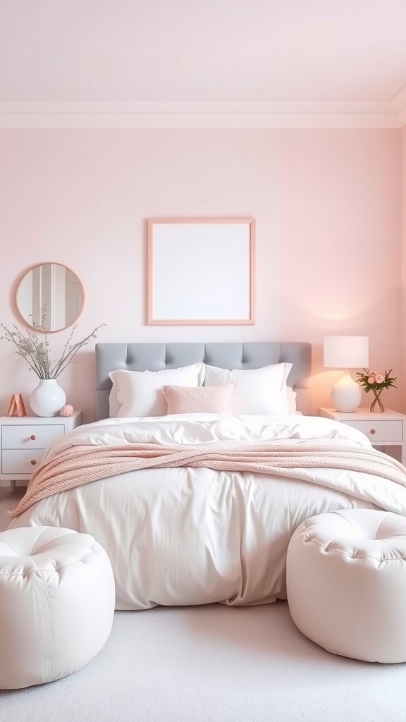 A calming bedroom with soft pastel pink walls, a cozy bed with white linens, and decorative poufs.