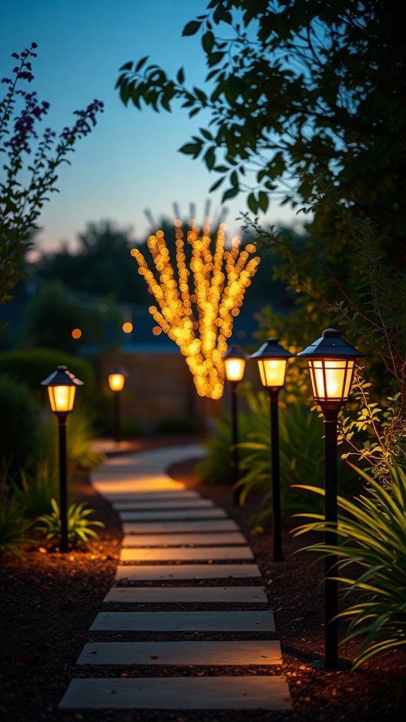 A beautifully lit pathway with solar lights and decorative lighting in a garden