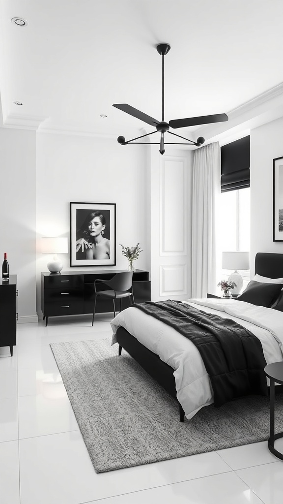 A modern monochrome bedroom featuring black and white decor, a stylish bed, and minimalistic furniture.