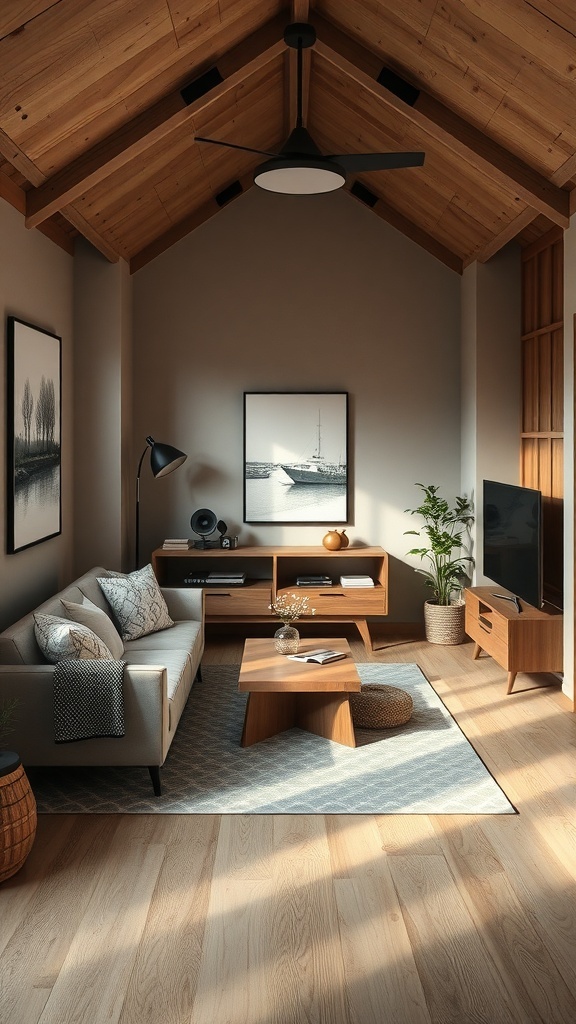 Cozy tiny man cave interior with soundproofing elements like curtains and rugs.