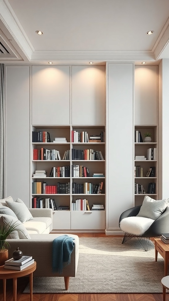 A stylish living room featuring a bookshelf partition with various books and cozy seating options.