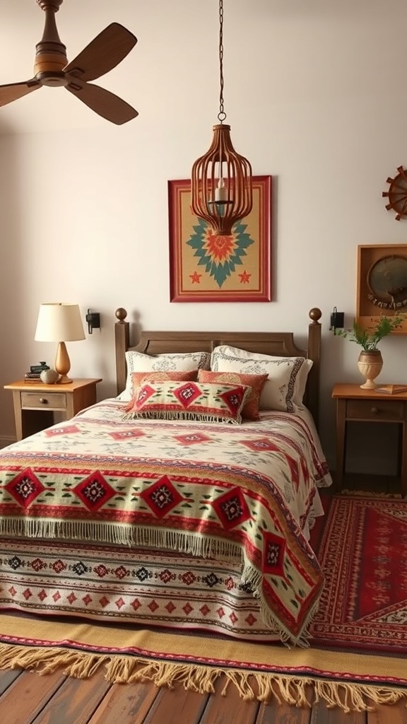 A southwestern styled bedroom featuring a colorful patterned bedspread, wooden furniture, and warm lighting.
