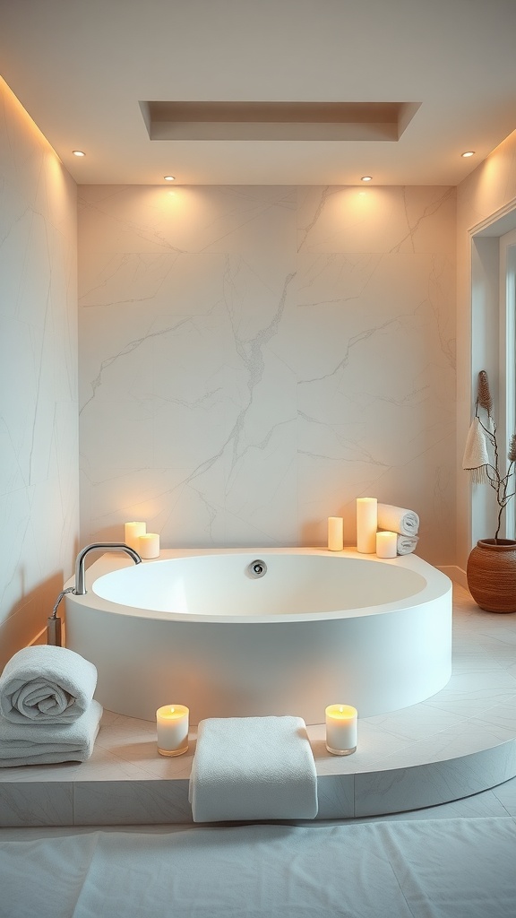 A modern spa-inspired bathroom featuring a round bathtub, candles, and soft towels.