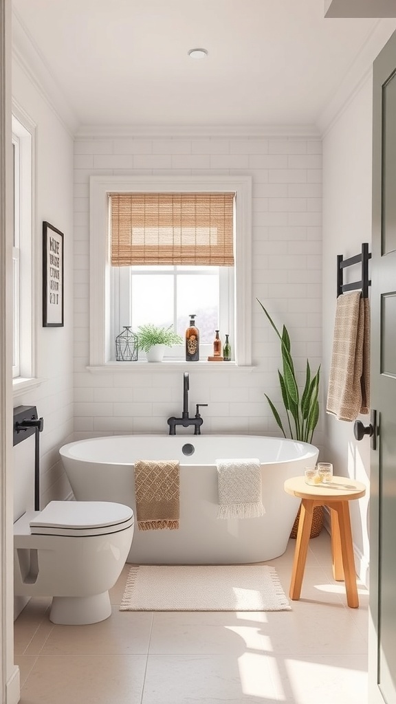 A stylish tiny ensuite bathroom featuring a sleek freestanding bathtub, natural light, and minimalistic decor.