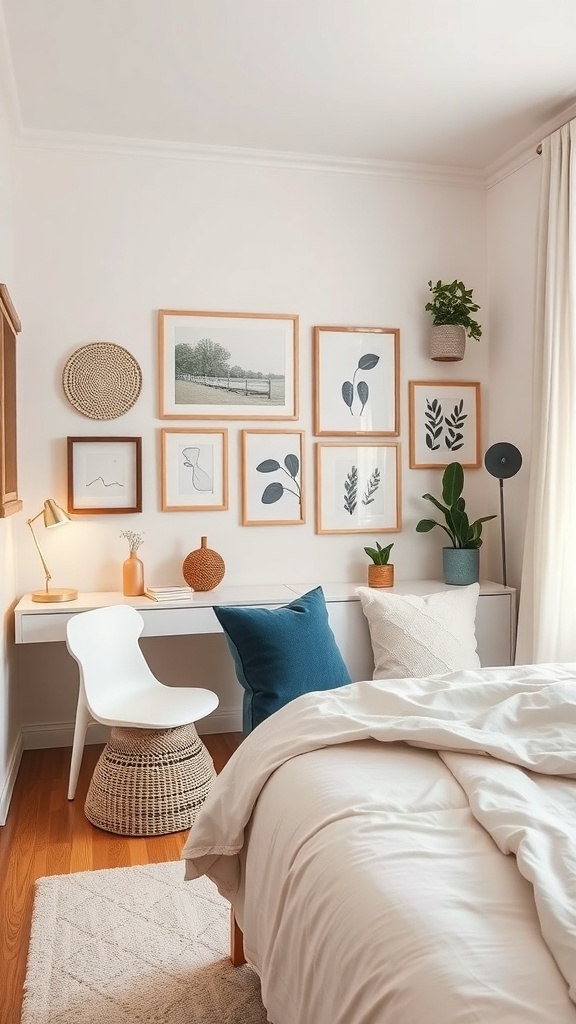 A cozy bedroom featuring a gallery wall, a small desk, and various decorative accessories that maximize space.