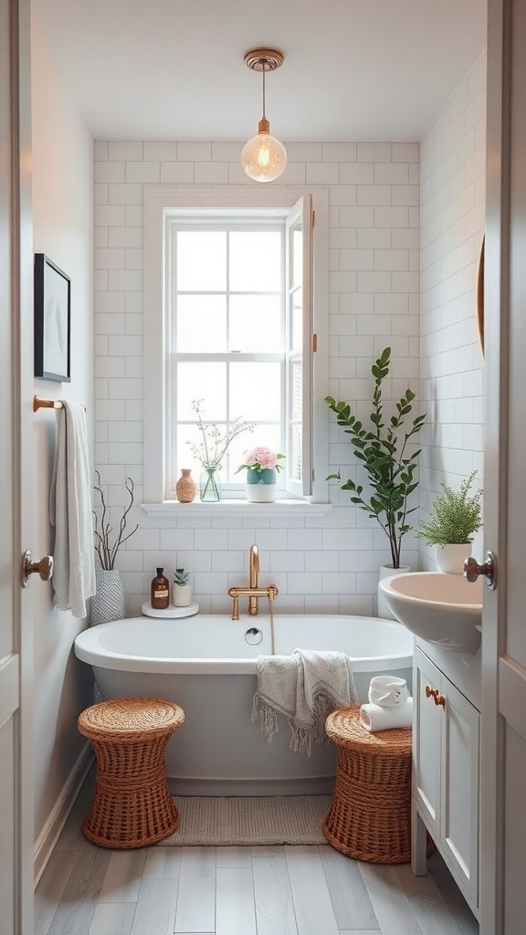 A modern small bathroom featuring a sleek soaking tub, natural light, and stylish decor.