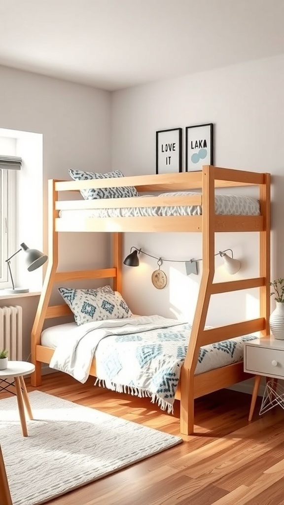 Stylish wooden bunk bed with a cozy lower bed and integrated lighting, set in a bright, inviting room