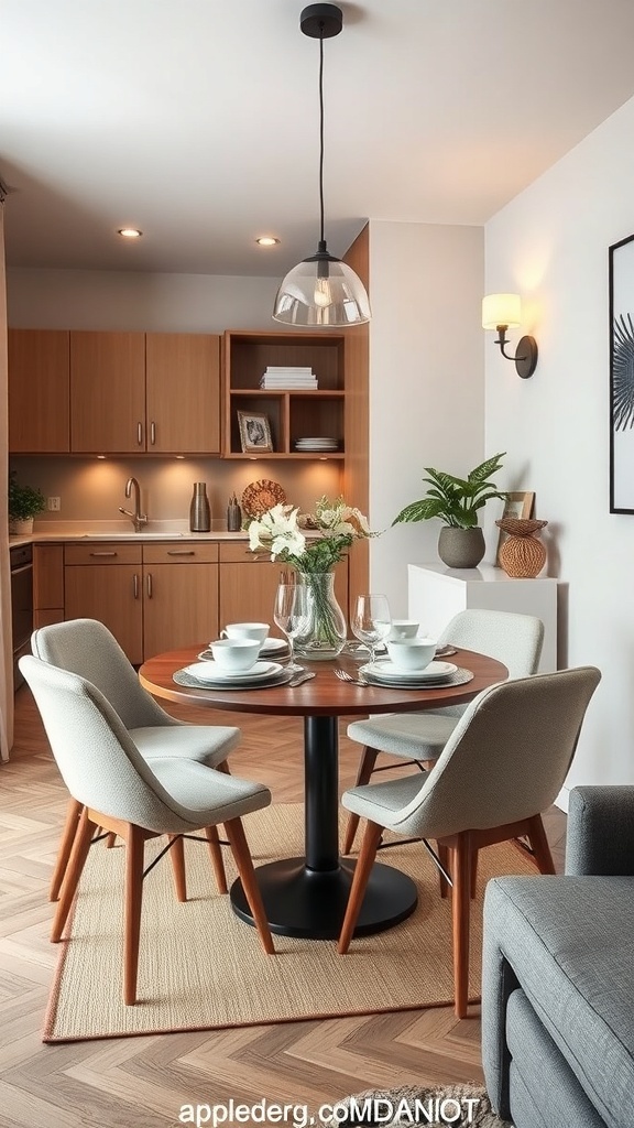 A cozy modern round dining set with a wooden table, stylish chairs, and elegant decor in a compact kitchen space.