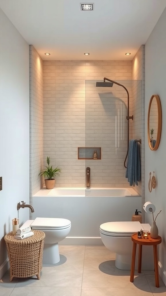 A compact and stylish powder room featuring a space-saving shower design with a clear glass enclosure.