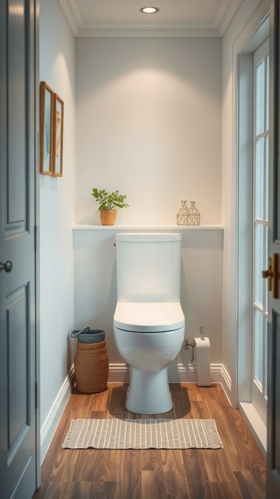 A small, modern toilet room featuring a sleek toilet, wooden flooring, and light walls.