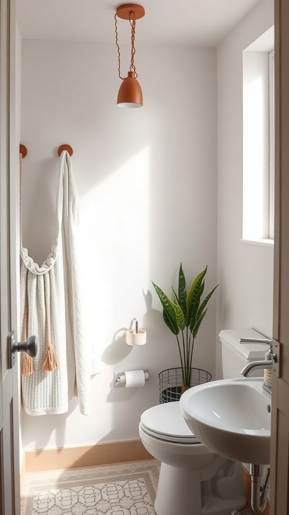A small, modern half bathroom with towel hooks, a plant, and a stylish light fixture.