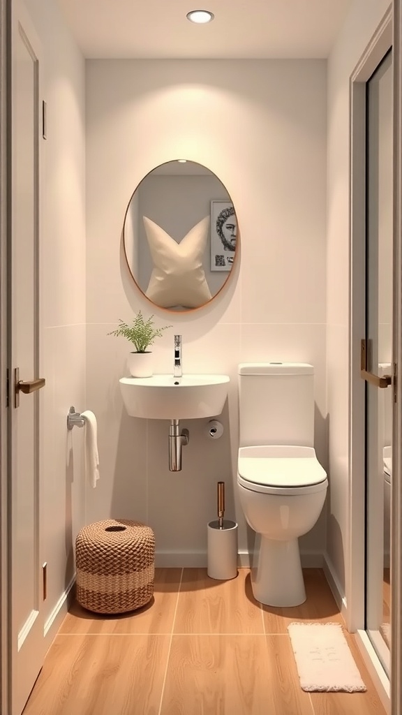 A small, modern toilet room featuring a wall-mounted sink, compact toilet, round mirror, and woven storage basket.