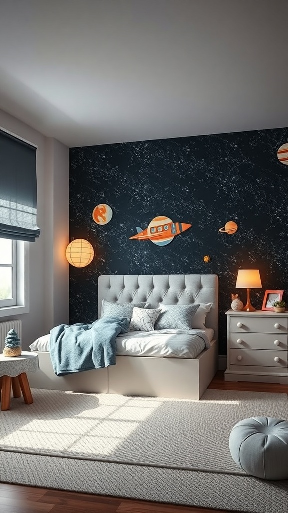 A children's room designed as a space explorer's retreat with a cozy bed, space-themed wall art, and soft lighting.