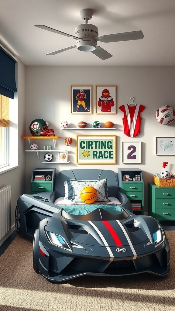 A children's room designed for sports fans, featuring a race car bed, sports memorabilia, and organized storage.