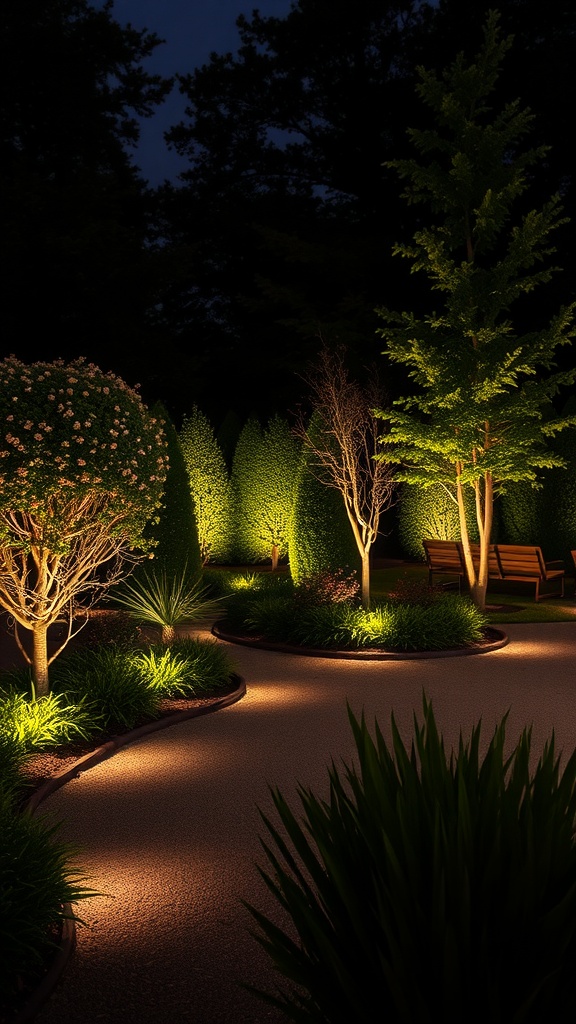 A beautifully lit garden at night with spotlights highlighting trees and pathways.