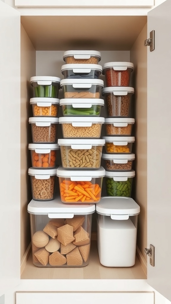 A neatly organized kitchen cupboard featuring stackable food storage containers