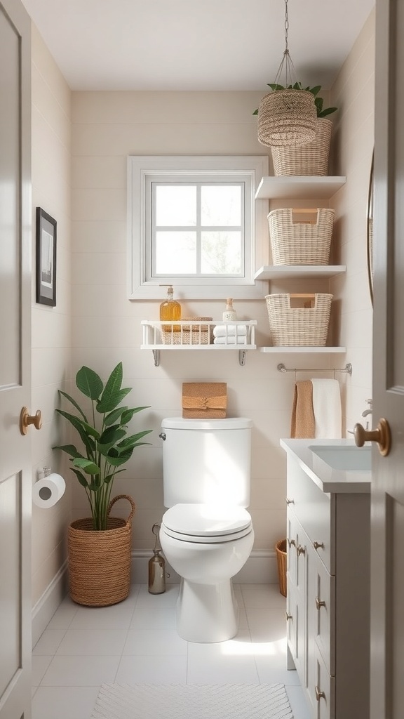 A small bathroom featuring stackable storage solutions with baskets on shelves, a hanging basket, and a plant.