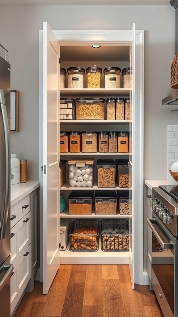 Organized pantry with stackable storage containers