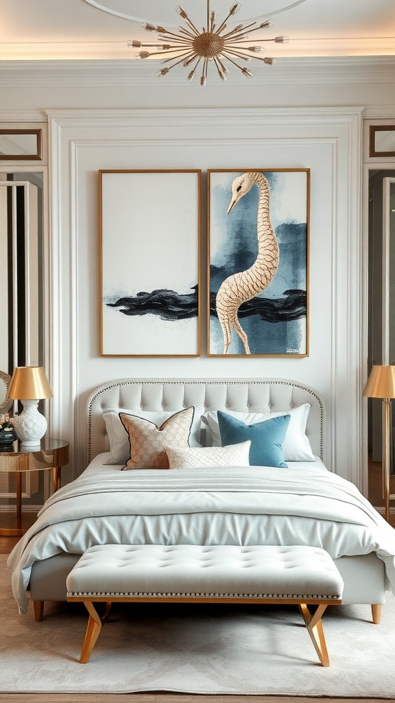 Elegant bedroom featuring statement art pieces of a bird against a serene backdrop