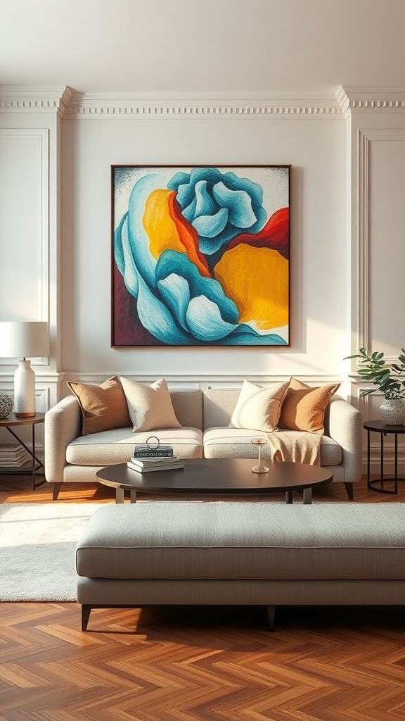 A colorful abstract painting in a modern living room with neutral furniture.