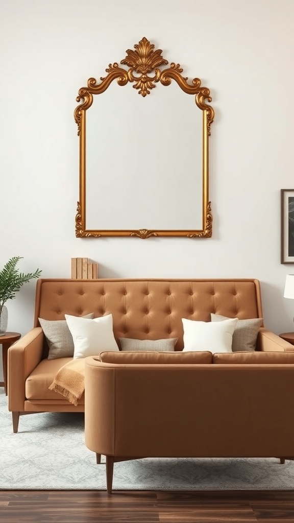 A large ornate mirror above a stylish sofa in a living room setting
