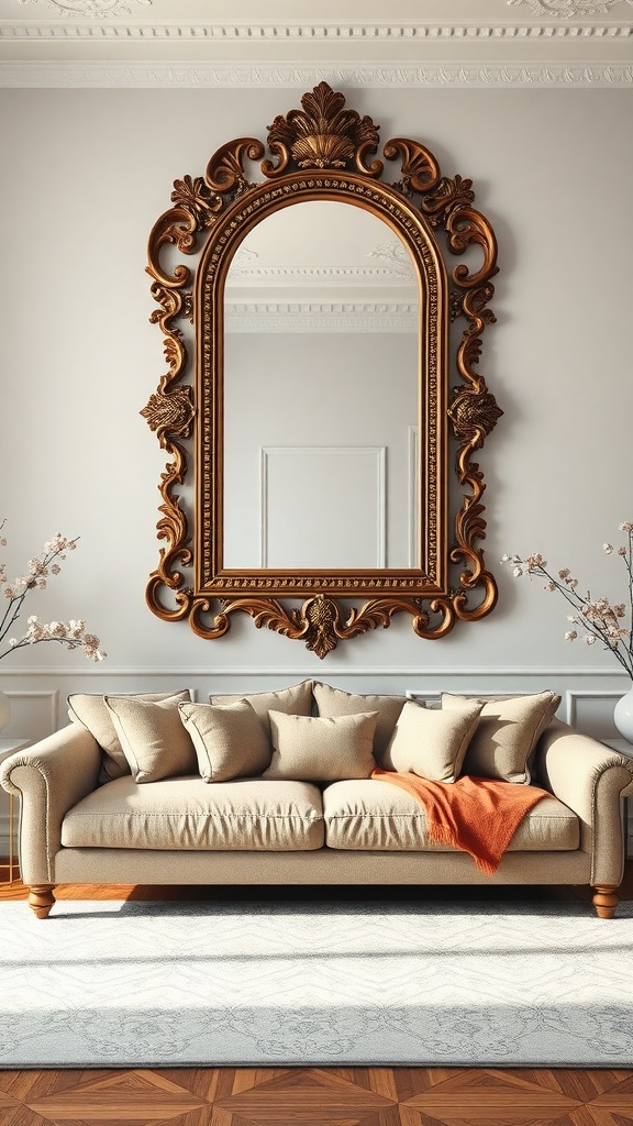 A large ornate mirror above a beige sofa in a stylish living room.