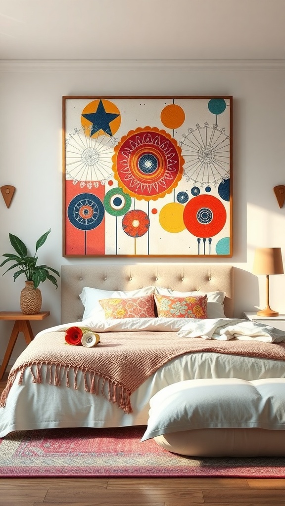 A boho-style bedroom featuring colorful statement wall art, a cozy bed with decorative pillows, and a potted plant.