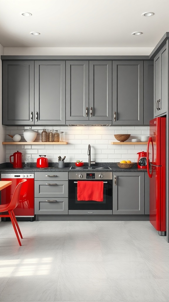 A modern kitchen featuring steel gray cabinets and vibrant red accents, including appliances and decor.