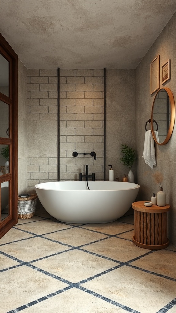 A rustic bathroom featuring stone and pebble flooring with a freestanding bathtub and wooden accents.