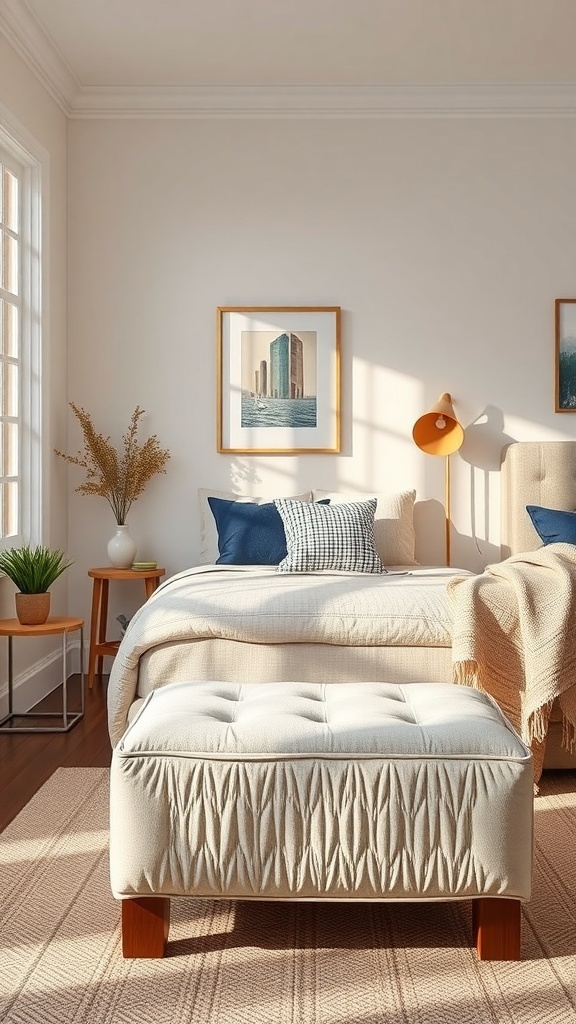 Cozy bedroom featuring a storage ottoman at the foot of the bed, decorated with modern furniture.
