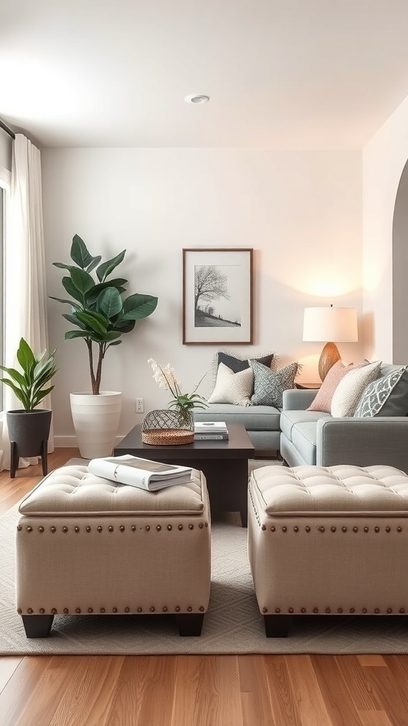 Stylish living room featuring two storage ottomans, a cozy sofa, and a decorative plant.