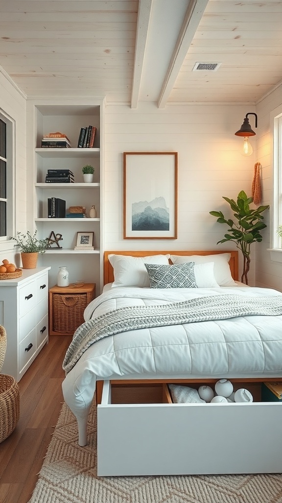 A cozy bedroom showcasing storage solutions with a bed that has built-in drawers, wall shelves for books and decor, and woven baskets.