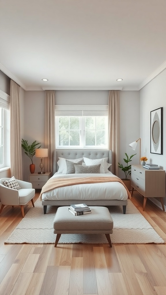 A cozy tiny bedroom with a strategic layout featuring a bed, nightstands, a chair, and a soft color palette.
