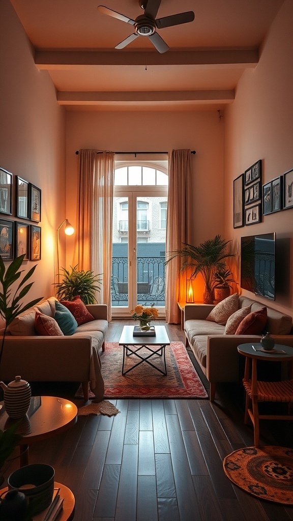 Cozy living room with warm lighting, large windows, plants, and stylish decor.