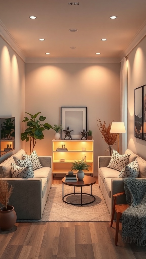 Well-lit cozy tiny living room with modern furniture and decorative items
