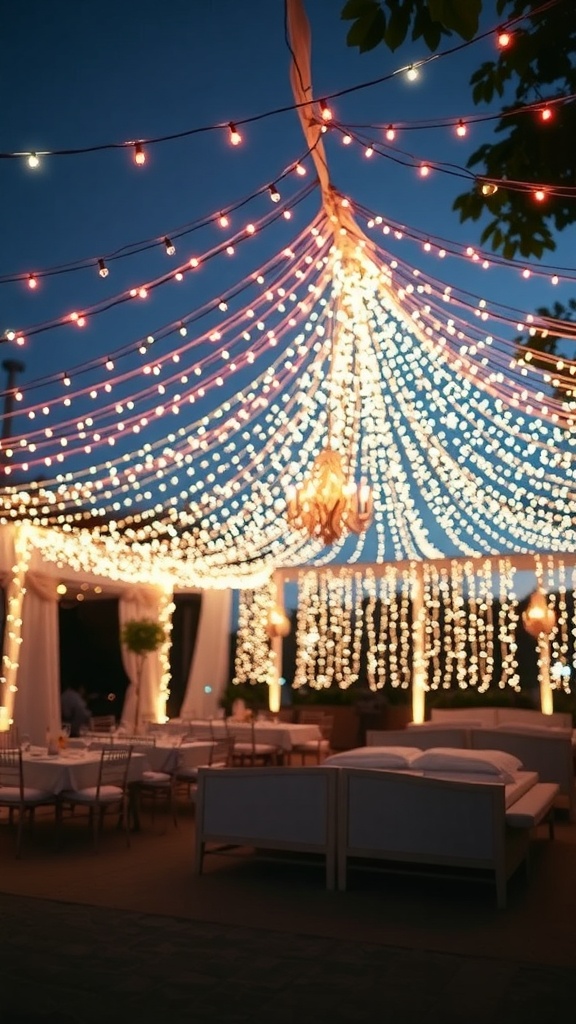 A beautifully decorated outdoor event space with string lights creating a canopy effect.