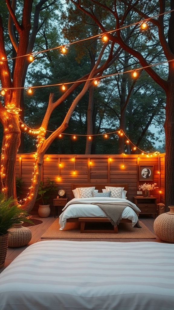 Outdoor space with string lights draped among trees, creating a cozy atmosphere.
