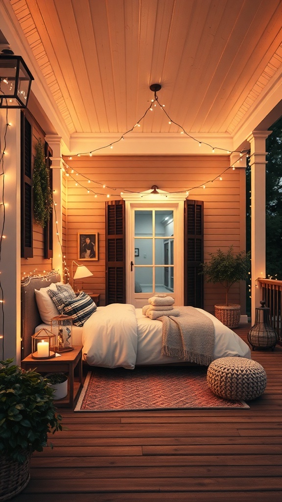 A cozy porch decorated with string lights, featuring a comfortable seating area and warm ambiance.