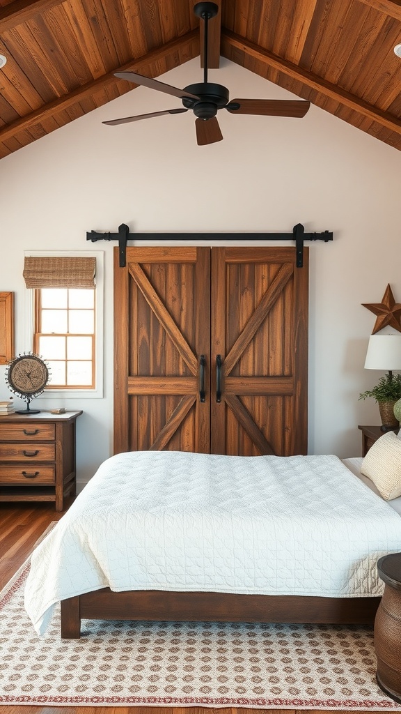 A western-style bedroom featuring sturdy barn doors, wooden furniture, and a cozy atmosphere.