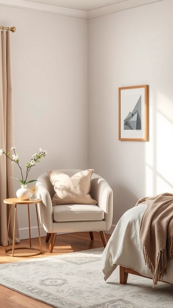 A cozy living room corner featuring a stylish accent chair and a side table with flowers.