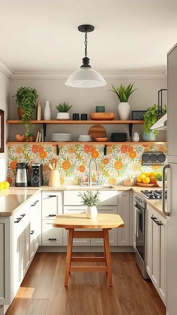 A cozy tiny farmhouse kitchen featuring a colorful floral backsplash, open shelving with plants, and a wooden table.