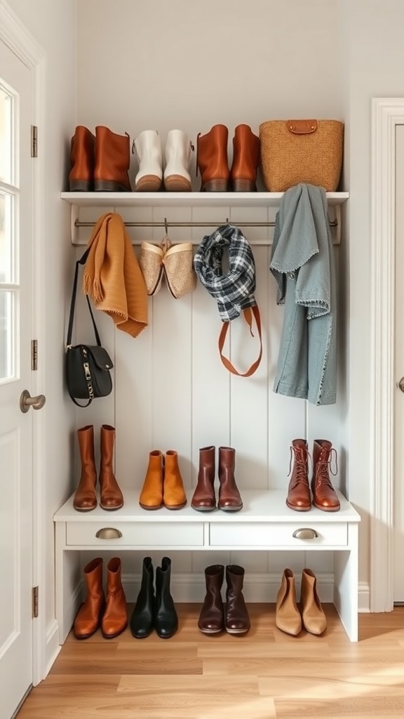 Stylish boot and shoe rack in a mudroom with various boots and accessories