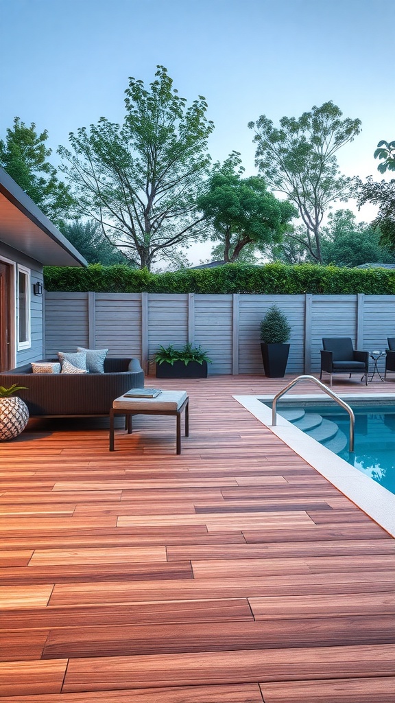 Stylish composite decking around an above-ground pool with seating and greenery.