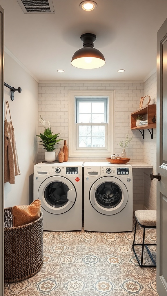 Stylish basement laundry room with modern appliances, patterned floor tiles, and decorative elements.