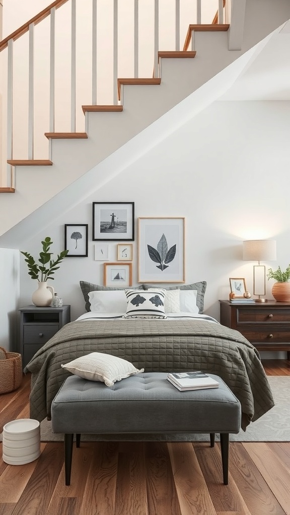 Stylish display area under stairs with a bed, decorative pillows, and wall art.